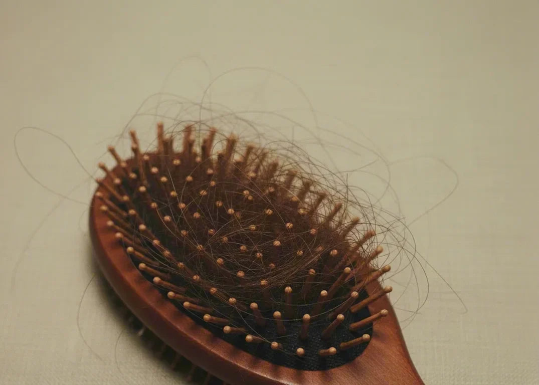 A brown hairbrush with a lot of hair in front of a beige background, signaling the problem of how to manage hair loss.