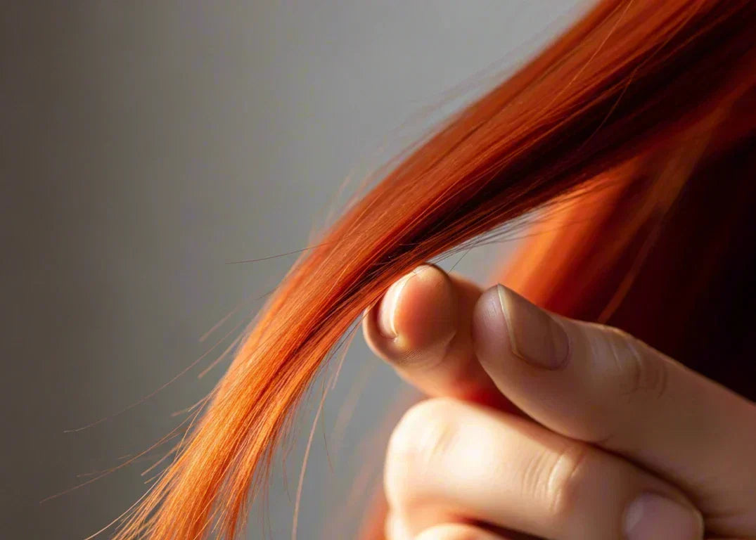 A fair-skinned woman with auburn hair holds a strand of her hair, demonstrating tips on how to thicken hair.