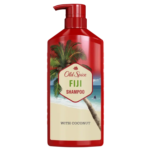 Old Spice Fiji Shampoo with coconut, red bottle with pump top