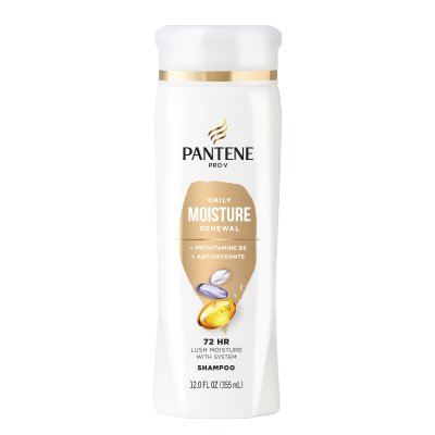 A 32 oz white bottle of Pantene Prov Daily Moisture Renewal shampoo with a gold accent band and a gold, beige, and white label, set against a plain white background.