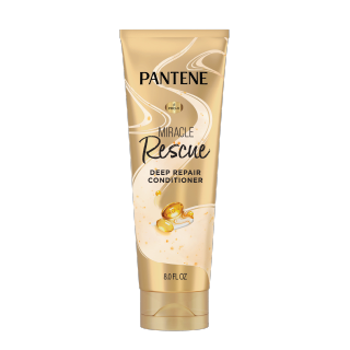 Pantene Miracle Rescue Deep Repair Conditioner in a 6.0 fl oz squeeze tube, featuring a metallic gold and beige design with white text and a small golden hair graphic.