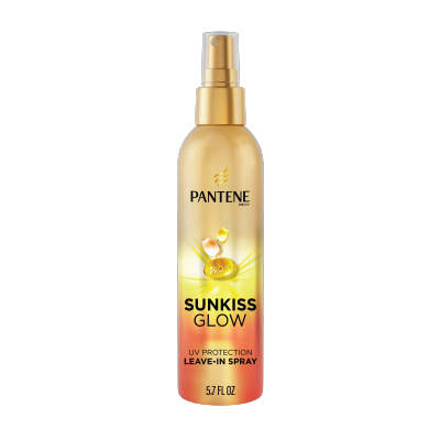 Pantene Sunkiss Glow Leave-In Spray in a 5.7 fl oz bottle, featuring a metallic gold gradient design with warm orange and yellow tones.