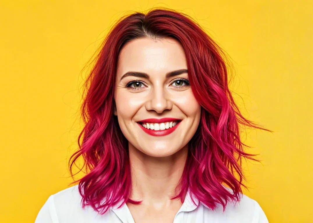 A woman with bright red colored hair smiles at the camera against a cheerful yellow background.