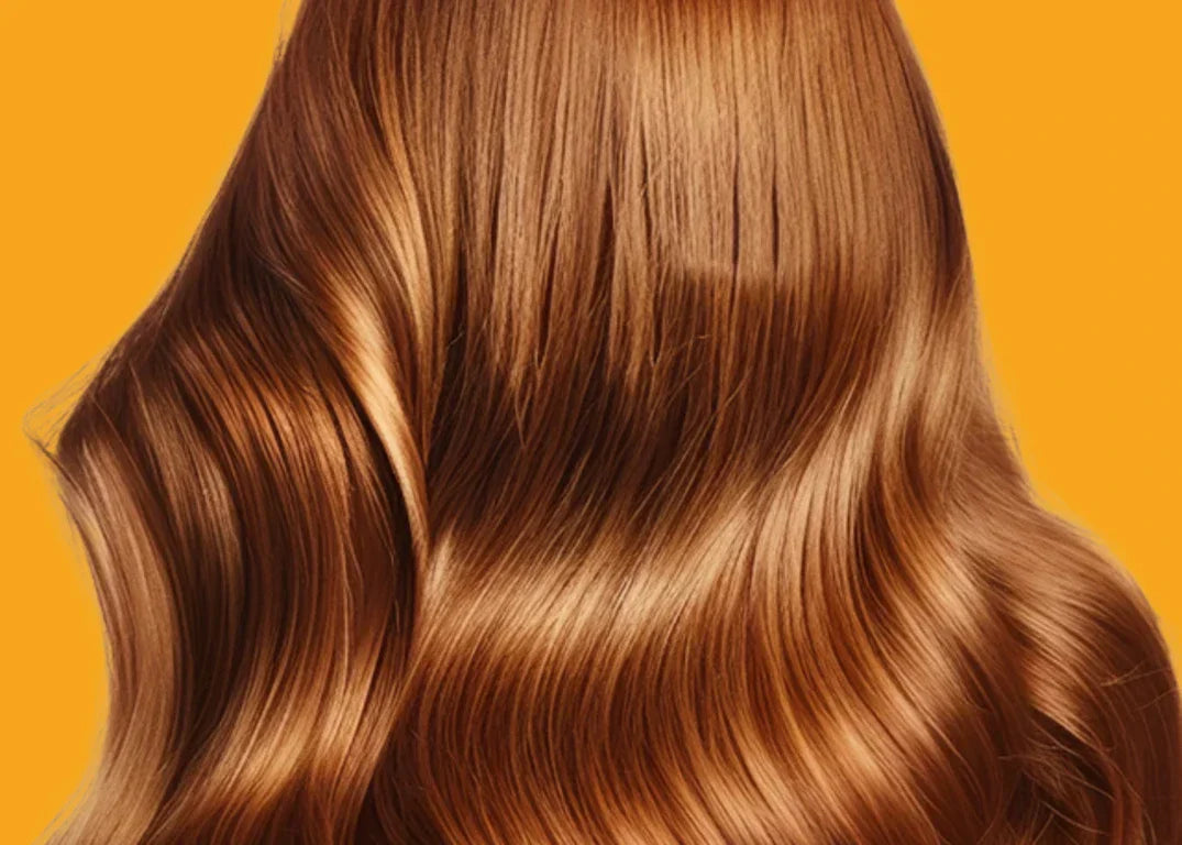 long shiny light brown hair is wavy in front to a yellow background.