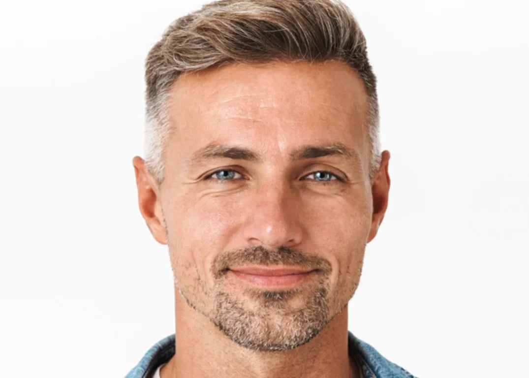 Fair skinned man with brown and gray hair looks forward in front of a white background.