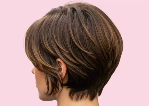 Side profile of a woman with a short, layered brown bob with lighter brown highlights, against a light pink background.