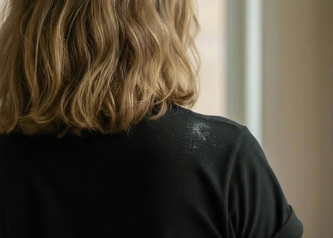 Woman with blonde wavy hair sitting in room with dandruff flakes visible on black shirt showing why dandruff care matters