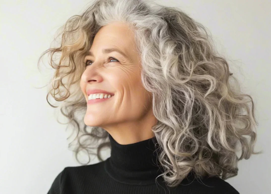 A fair-skinned woman with wavy grey hair smiles in front of a grey background because she successfully combats dandruff problems.
