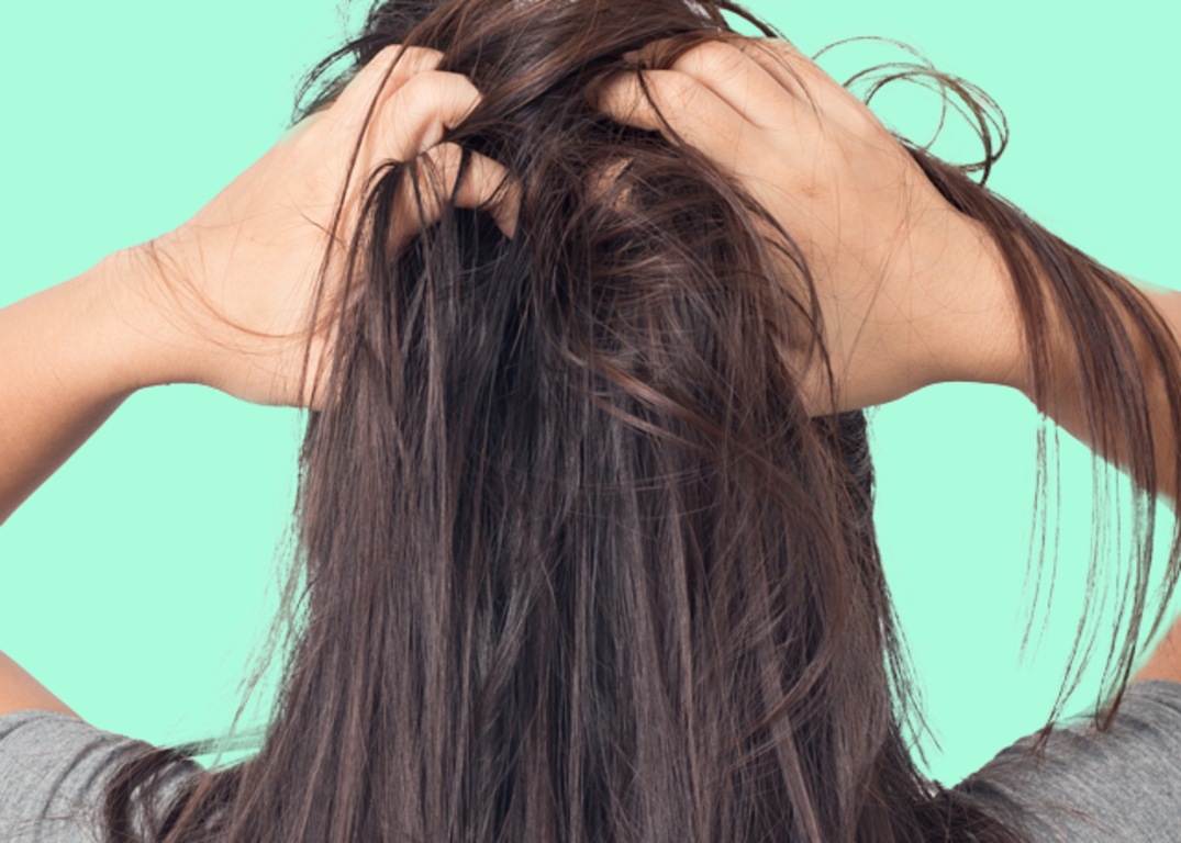 A woman with long dry hair holds it behind her head with both hands in front of a light green background.