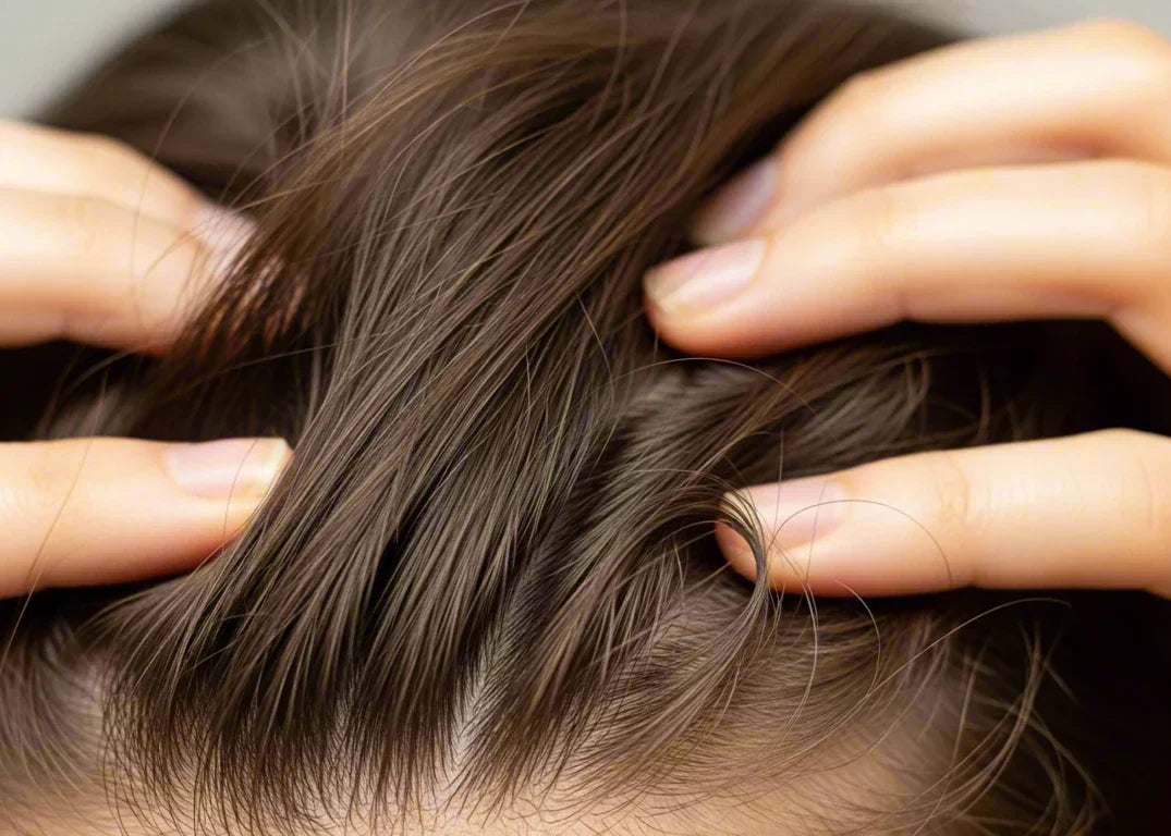 Fair-skinned man with brown hair running fingers through hair demonstrating increased density after using growth shampoo