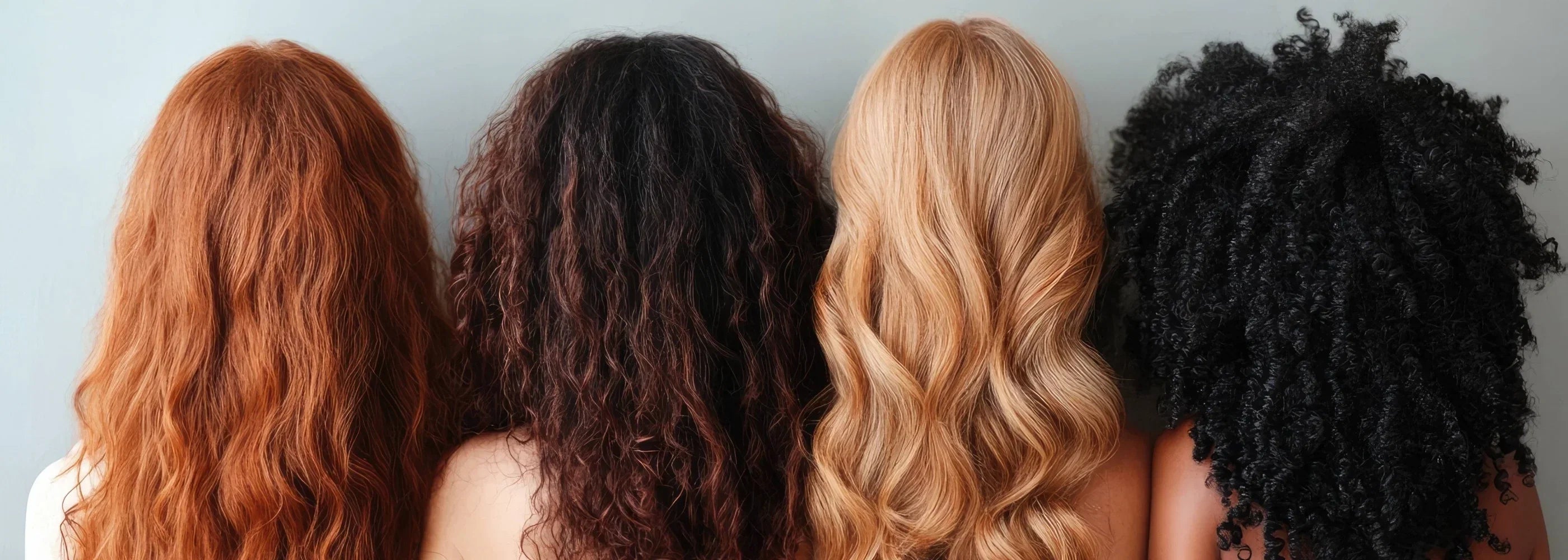 From behind, four people display different hair types and colors: red wavy, dark brown curly, blonde wavy, and black coily, against a light gray background.