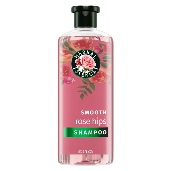 Herbal Essences Smooth Rose Hips Shampoo bottle 13.5 fl oz with rose hips vitamin E and jojoba for soft smooth finish