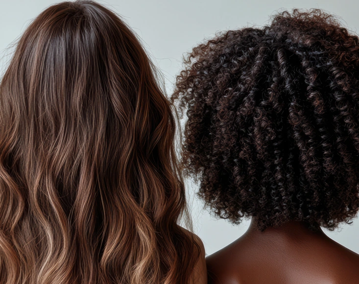 A fair-skinned woman with wavy brown hair and a dark-skinned woman with dark coily hair represents diverse hair types in front of a grey background.