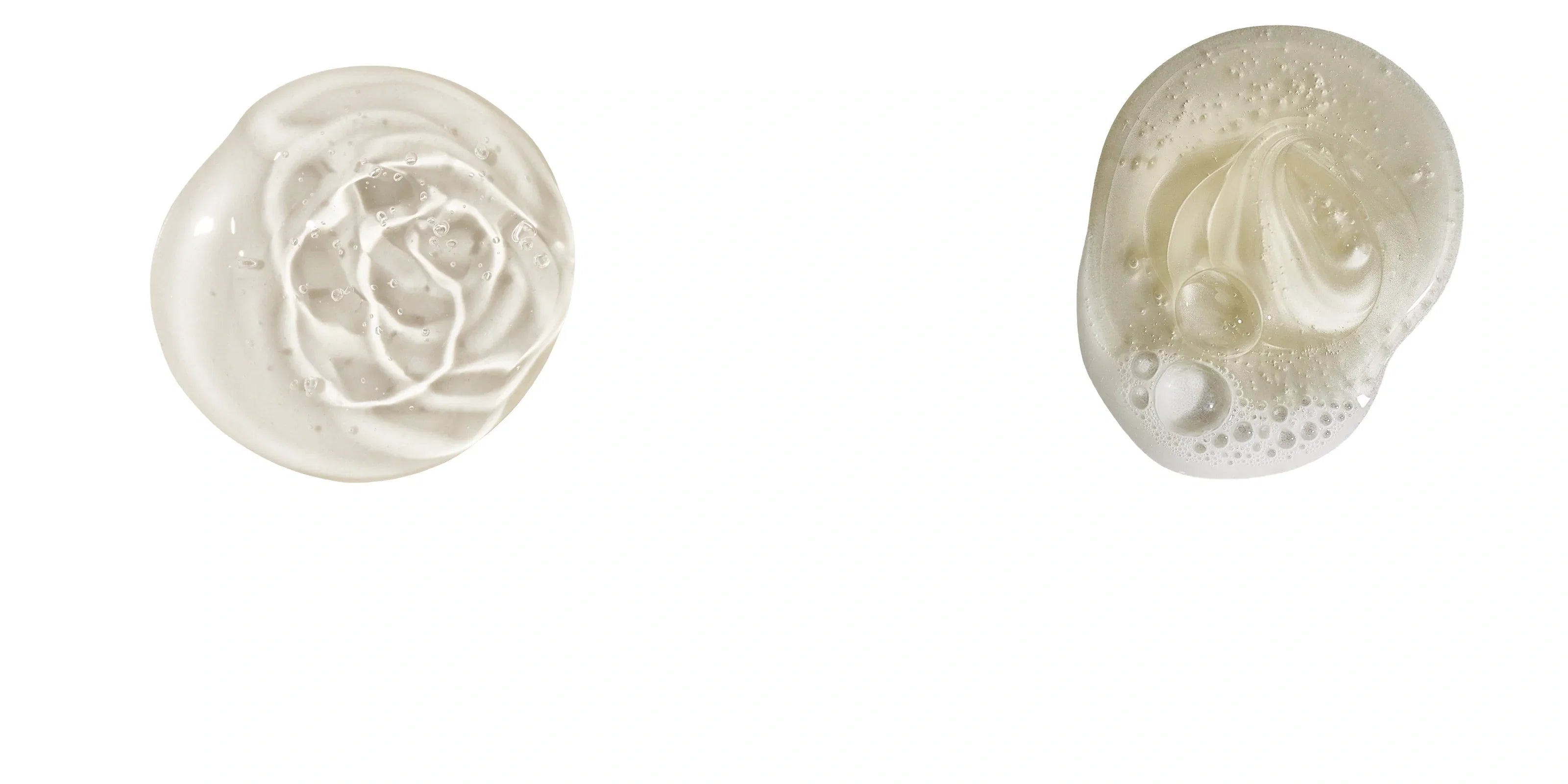 Two swatches of haircare products.  One of clear gel and one with bubbles, against a white background.